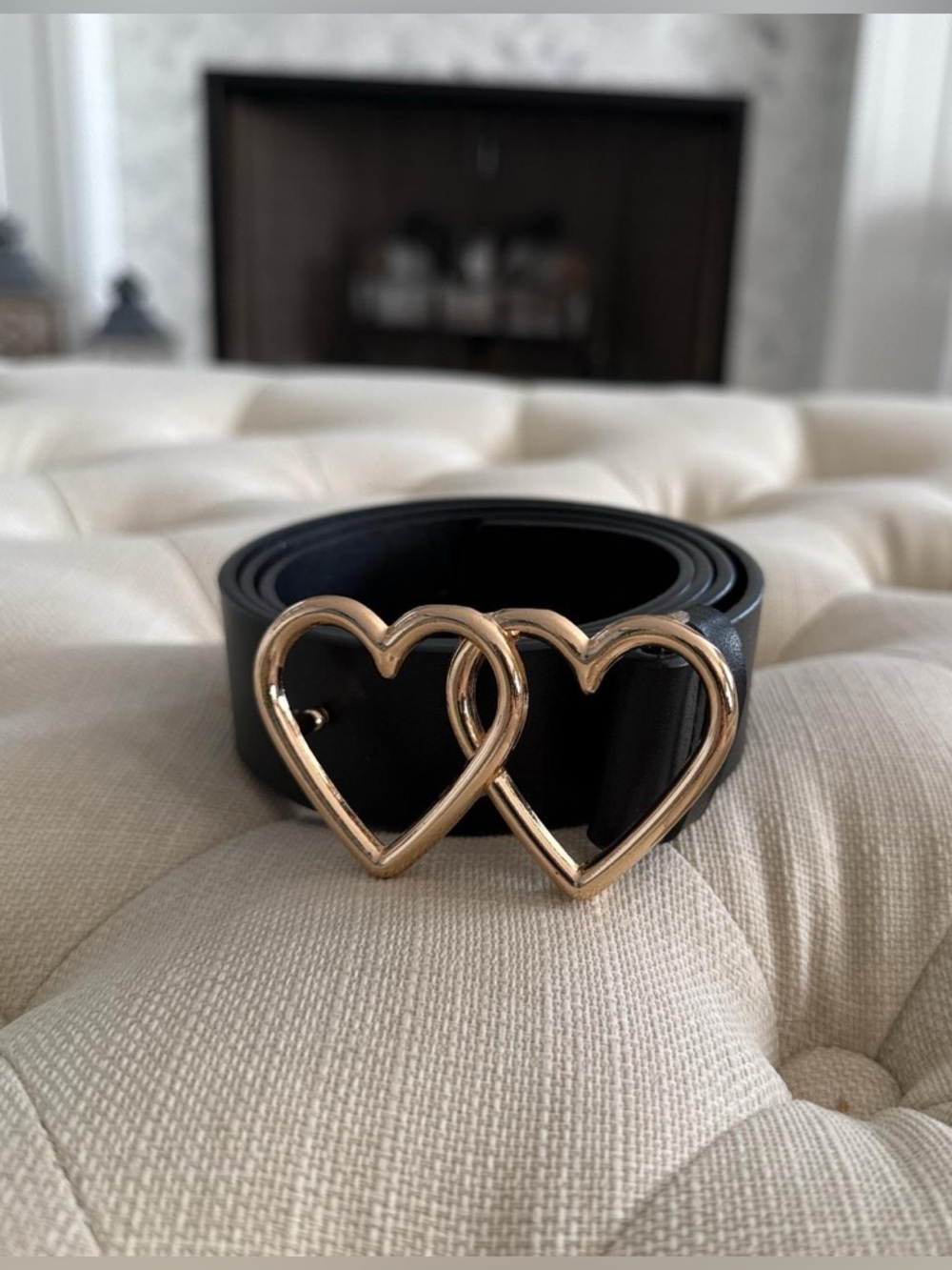 Black Belt with Double Heart Gold Buckle